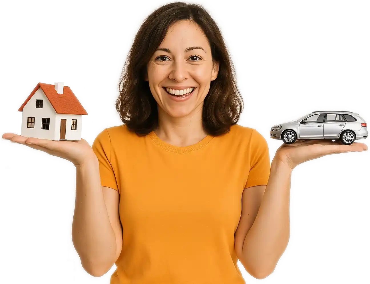 Mujer sonriente con casa y coche